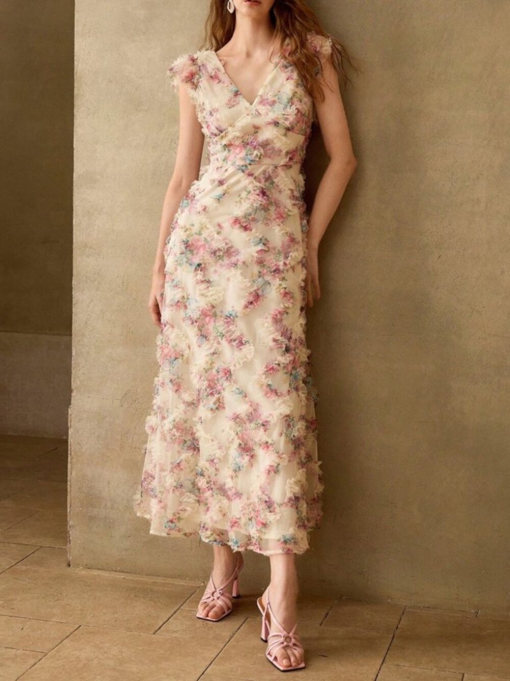 Ivory Floral Ruffle Trim V-Neck Maxi Dress
